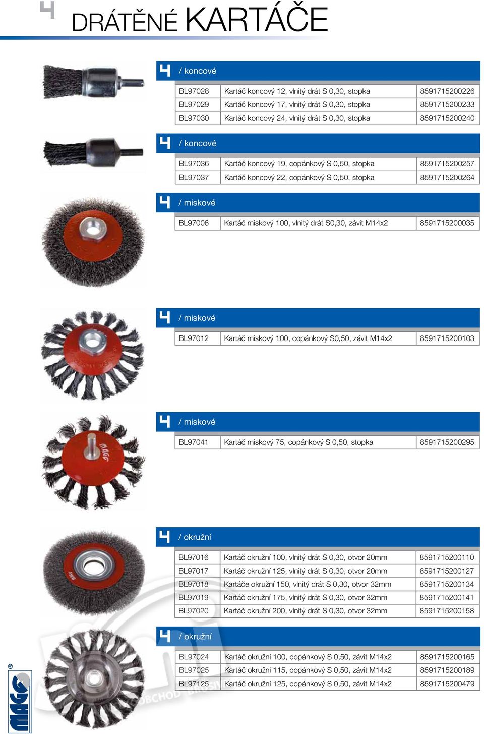 100, vlnitý drát S0,30, závit M14x2 51715200035 4 / miskové BL70 Kartáč miskový 100, copánkový S0,50, závit M14x2 51715200103 4 / miskové BL7041 Kartáč miskový 75, copánkový S 0,50, stopka 5171520025