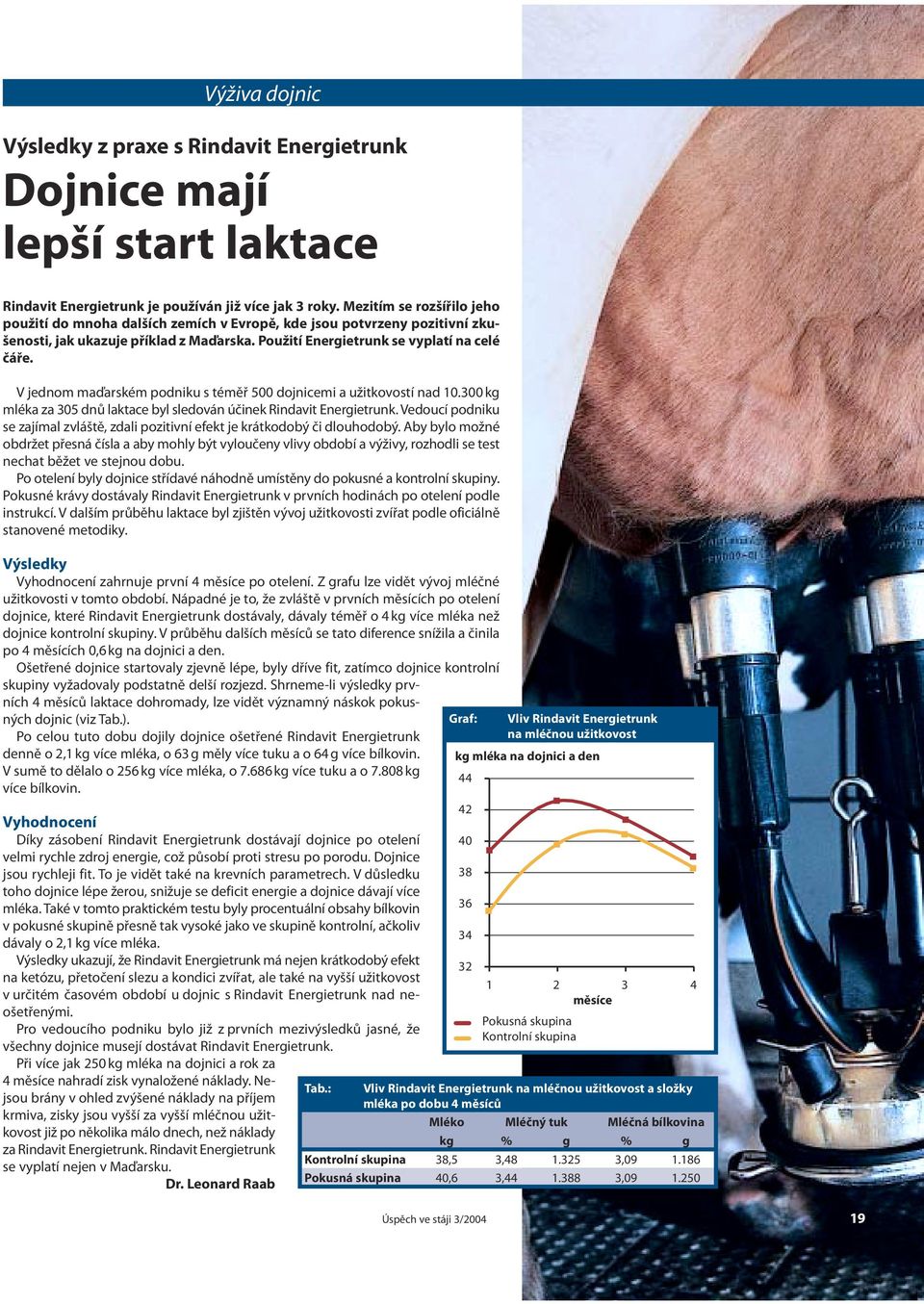 V jednom maďarském podniku s téměř 500 dojnicemi a užitkovostí nad 10.300 kg mléka za 305 dnů laktace byl sledován účinek Rindavit Energietrunk.