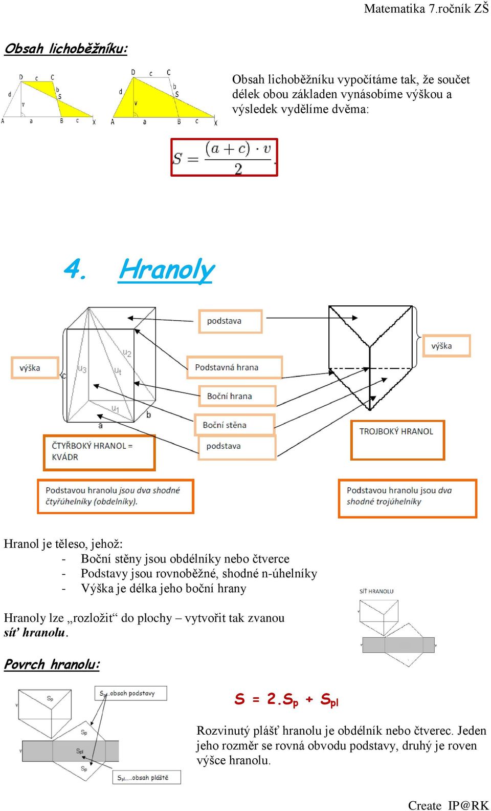 Hranoly Hranol je těleso, jehož: - Boční stěny jsou obdélníky nebo čtverce - Podstavy jsou rovnoběžné, shodné n-úhelníky -