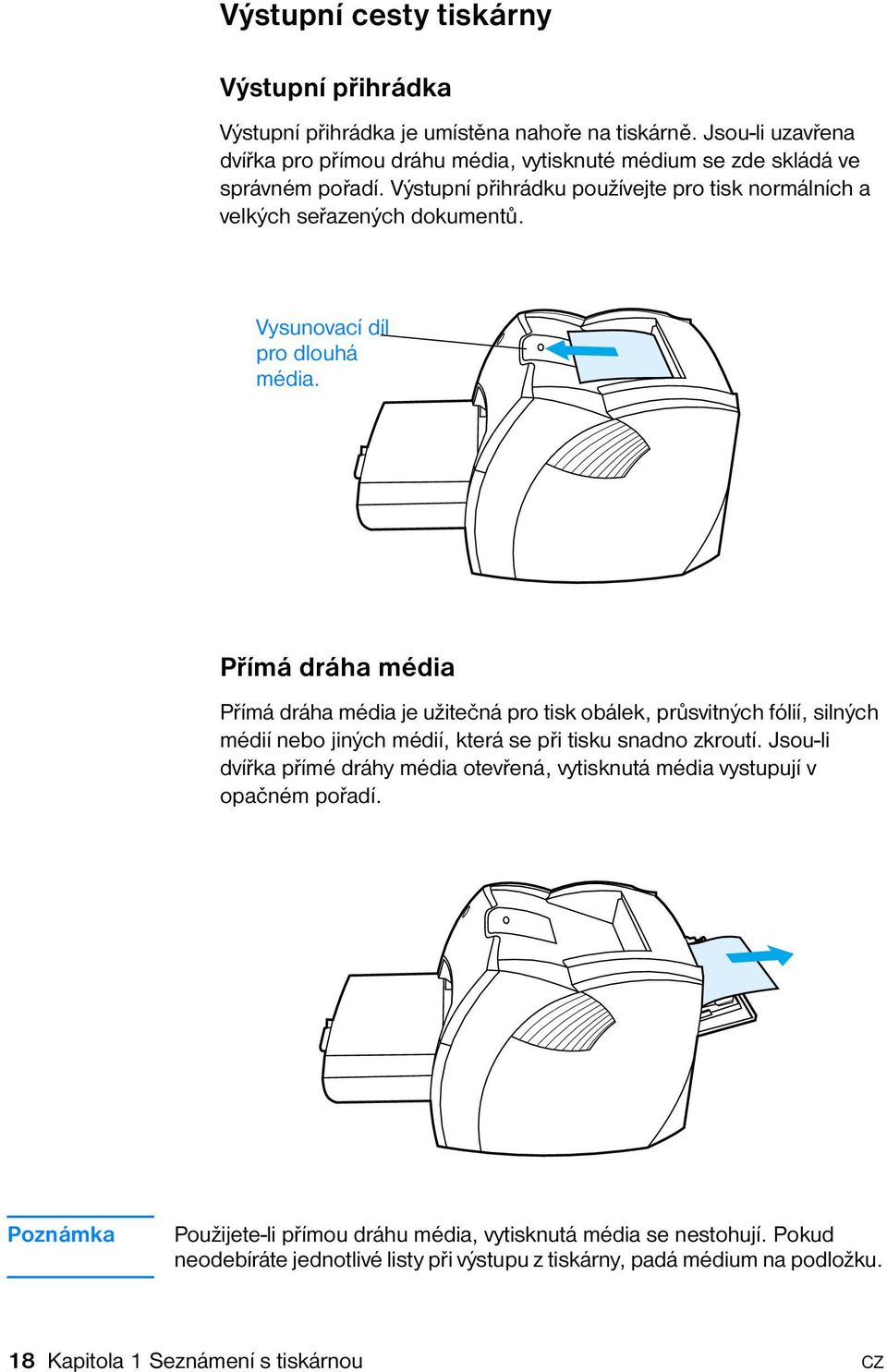 Vysunovací díl pro dlouhá média. Přímá dráha média Přímá dráha média je užitečná pro tisk obálek, průsvitných fólií, silných médií nebo jiných médií, která se při tisku snadno zkroutí.