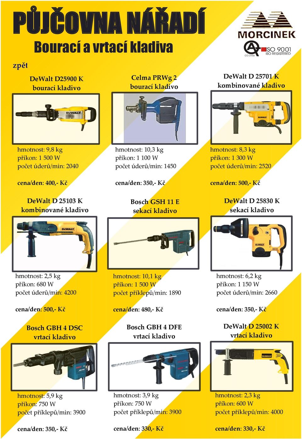 E sekací kladivo DeWalt D 25830 K sekací kladivo hmotnost: 2,5 kg příkon: 680 W počet úderů/min: 4200 cena/den: 500,- Kč Bosch GBH 4 DSC vrtací kladivo hmotnost: 10,1 kg příkon: 1 500 W počet