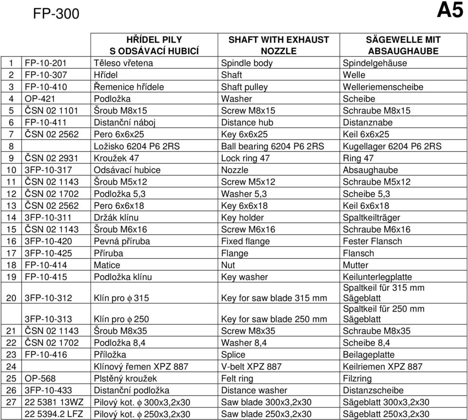 6x6x25 Key 6x6x25 Keil 6x6x25 8 Ložisko 6204 P6 2RS Ball bearing 6204 P6 2RS Kugellager 6204 P6 2RS 9 ČSN 02 2931 Kroužek 47 Lock ring 47 Ring 47 10 3FP-10-317 Odsávací hubice Nozzle Absaughaube 11