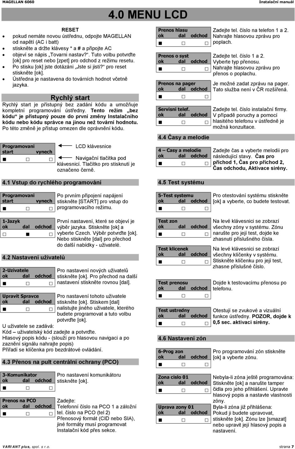 Ústředna je nastavena do továrních hodnot včetně jazyka. Rychlý start Rychlý start je přístupný bez zadání kódu a umožňuje kompletní programování ústředny.