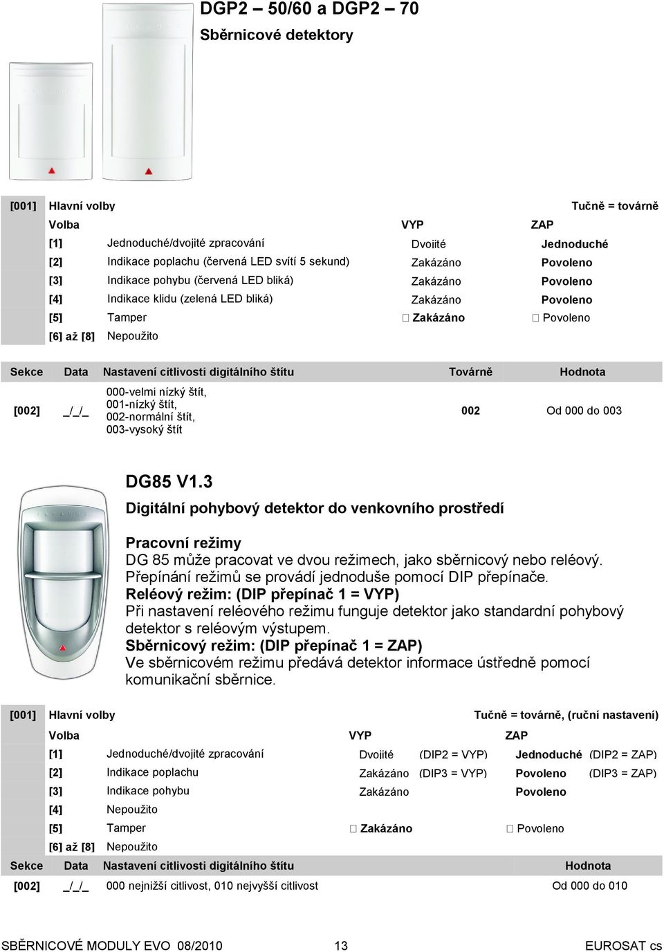 3 Digitální pohybový detektor do venkovního prostředí Pracovní režimy DG 85 může pracovat ve dvou režimech, jako sběrnicový nebo reléový. Přepínání režimů se provádí jednoduše pomocí DIP přepínače.