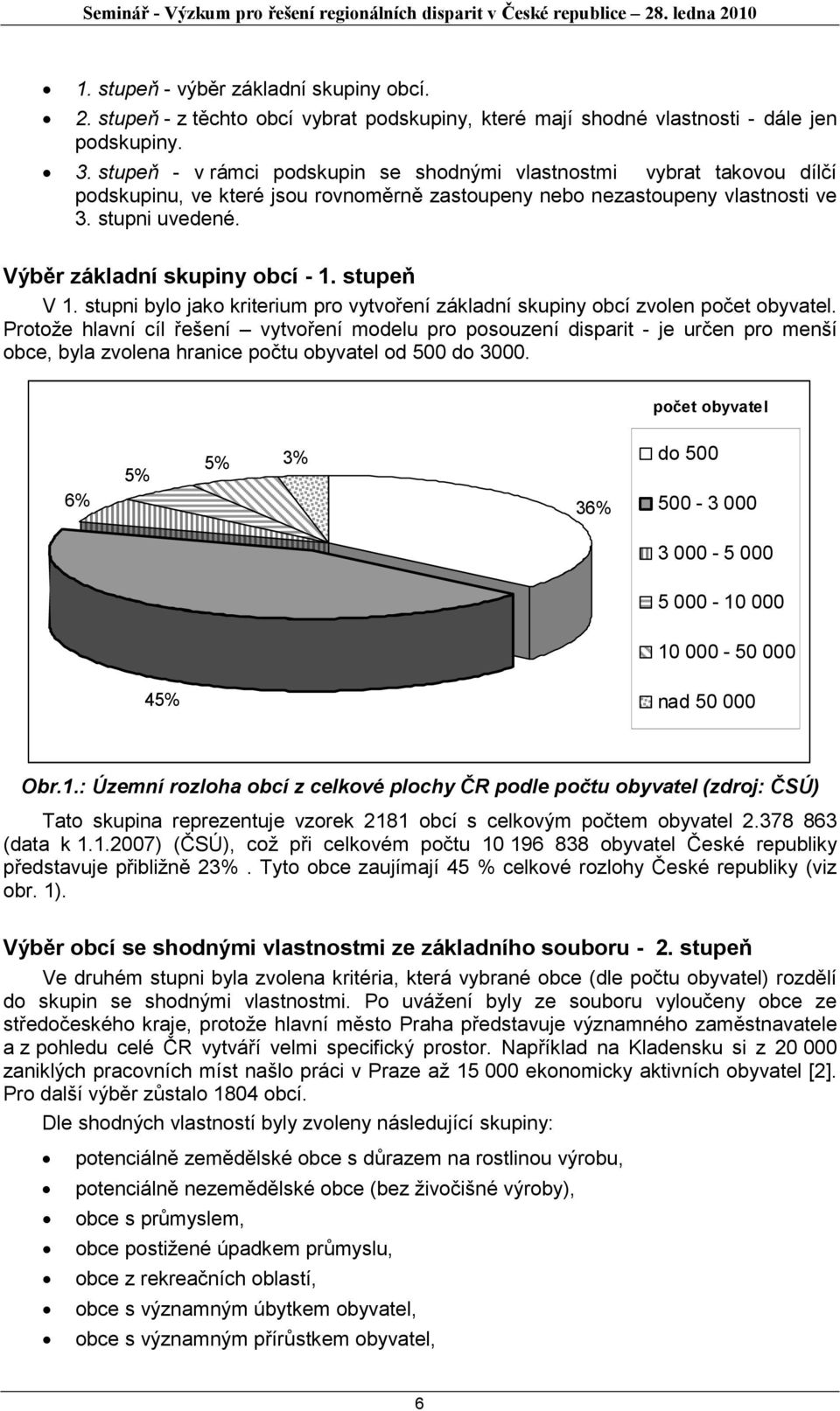 Výběr základní skupiny obcí - 1. stupeň V 1. stupni bylo jako kriterium pro vytvoření základní skupiny obcí zvolen počet obyvatel.