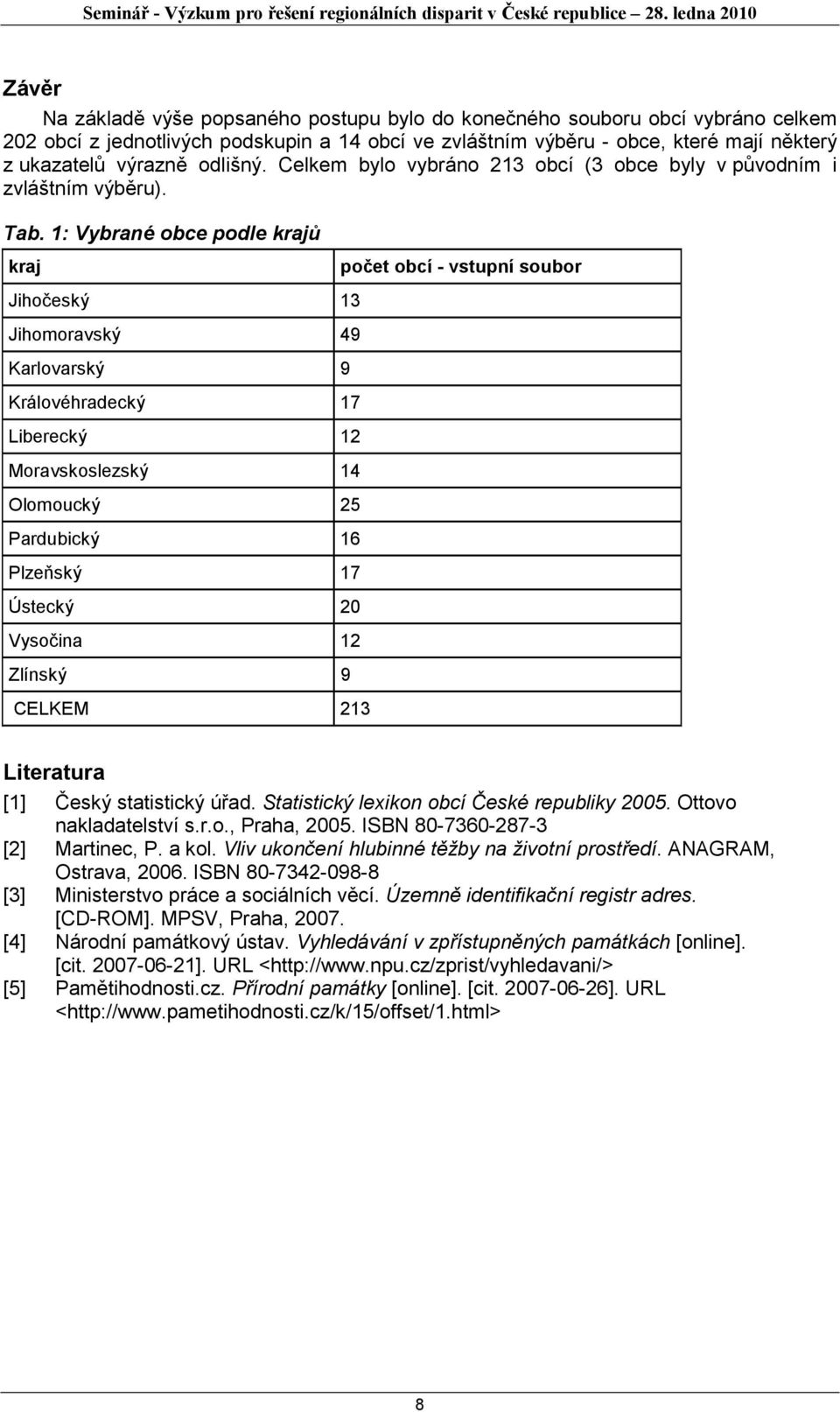 1: Vybrané obce podle krajů kraj Jihočeský 13 Jihomoravský 49 Karlovarský 9 Královéhradecký 17 Liberecký 12 Moravskoslezský 14 Olomoucký 25 Pardubický 16 Plzeňský 17 Ústecký 20 Vysočina 12 Zlínský 9