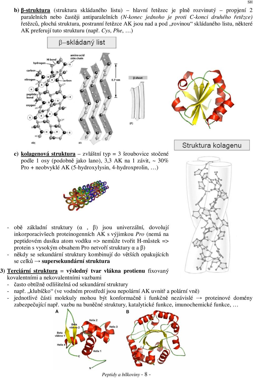 ys, Phe, ) SH c) kolagenová struktura zvláštní typ = 3 šroubovice stoené podle 1 osy (podobn jako lano), 3,3 AK na 1 závit, ~ 30% Pro neobvyklé AK (5-hydroxylysin, 4-hydroxprolin, ) - ob základní