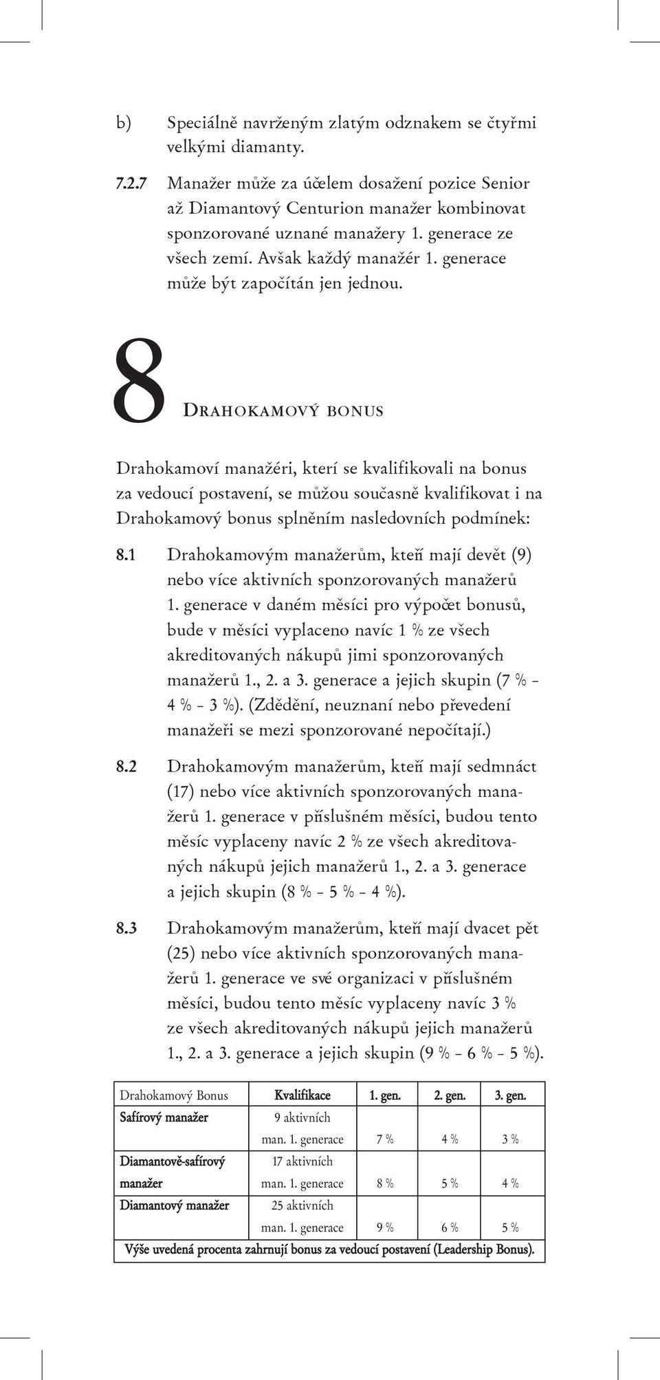 8DRAHOKAMOVÝ BONUS Drahokamoví manaéri, kterí se kvalifikovali na bonus za vedoucí postavení, se mùou souèasnì kvalifikovat i na Drahokamový bonus splnìním nasledovních podmínek: 8.