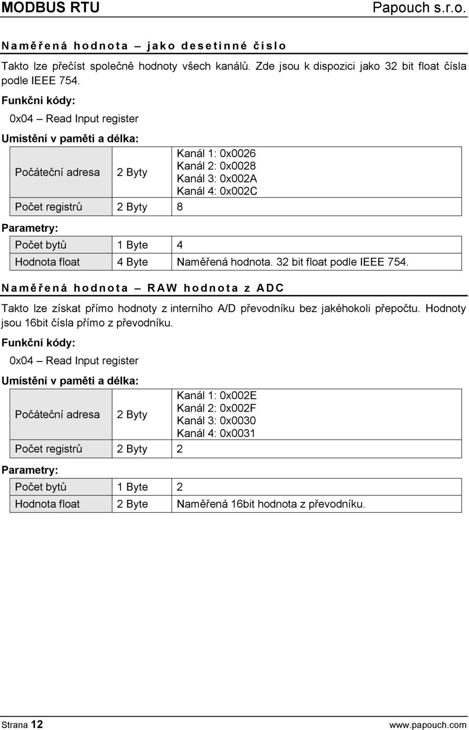 32 bit float podle IEEE 754. N a m ě ř e n á h o d n o t a R A W h o d n o t a z A D C Takto lze získat přímo hodnoty z interního A/D převodníku bez jakéhokoli přepočtu.