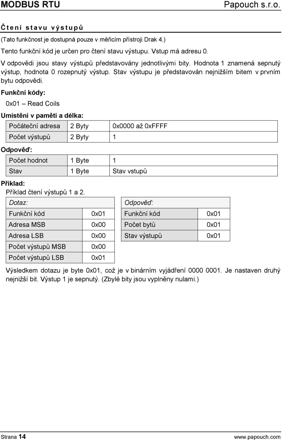 0x01 Read Coils Počáteční adresa 2 Byty 0x0000 až 0xFFFF Počet výstupů 2 Byty 1 Odpověď: Počet hodnot 1 Byte 1 Stav 1 Byte Stav vstupů Příklad: Příklad čtení výstupů 1 a 2.