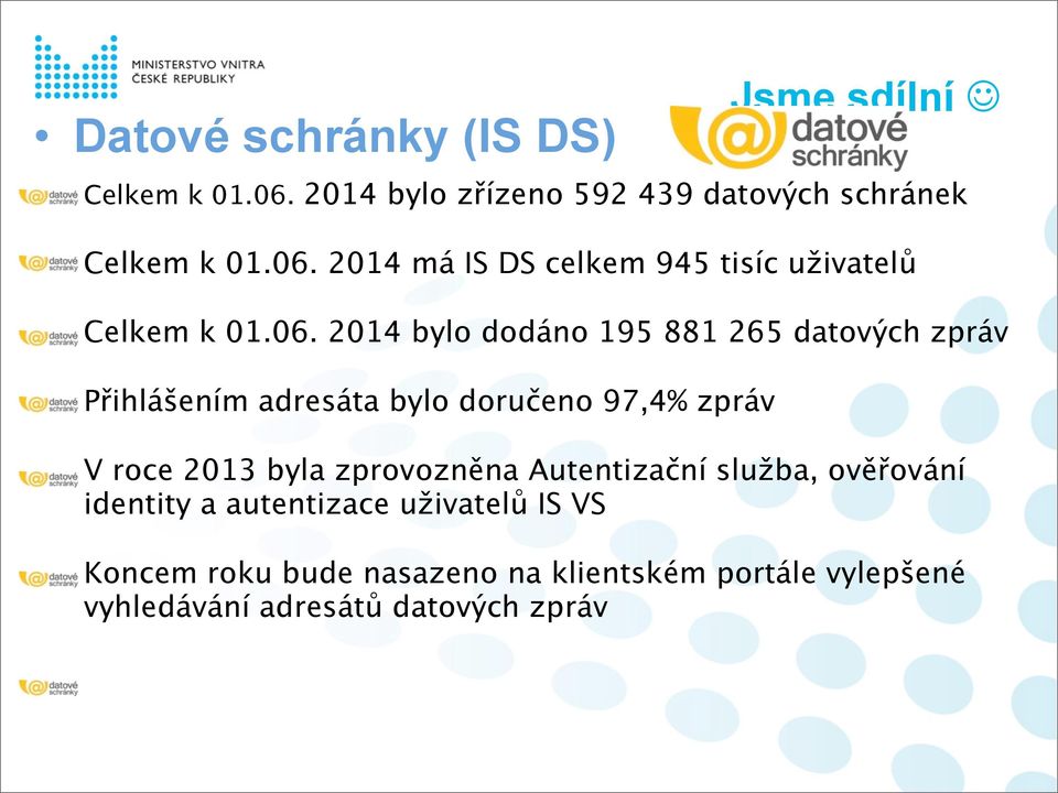 zprovozněna Autentizační služba, ověřování identity a autentizace uživatelů IS VS Koncem roku bude nasazeno na