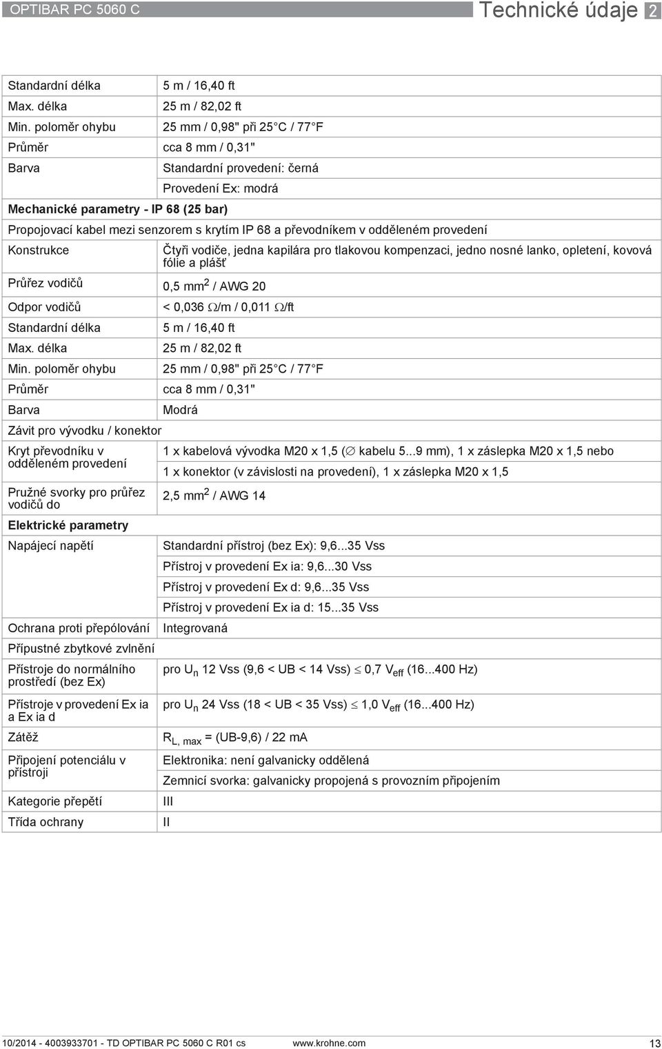 krytím IP 68 a převodníkem v odděleném provedení Konstrukce Průřez vodičů 0,5 mm 2 / AWG 20 Odpor vodičů Standardní délka Max.