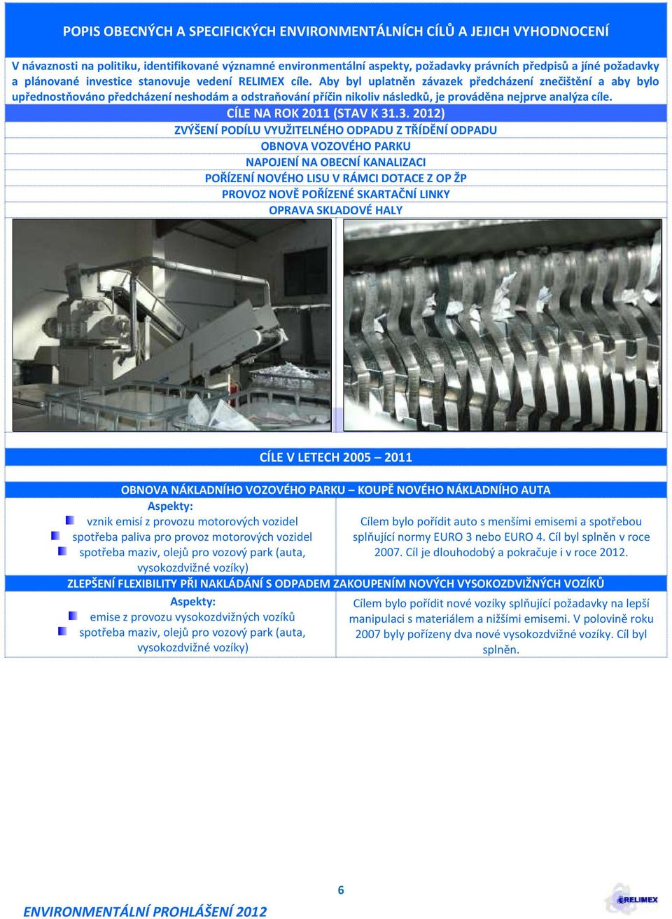 Aby byl uplatněn závazek předcházení znečištění a aby bylo upřednostňováno předcházení neshodám a odstraňování příčin nikoliv následků, je prováděna nejprve analýza cíle. CÍLE NA ROK 2011 (STAV K 31.