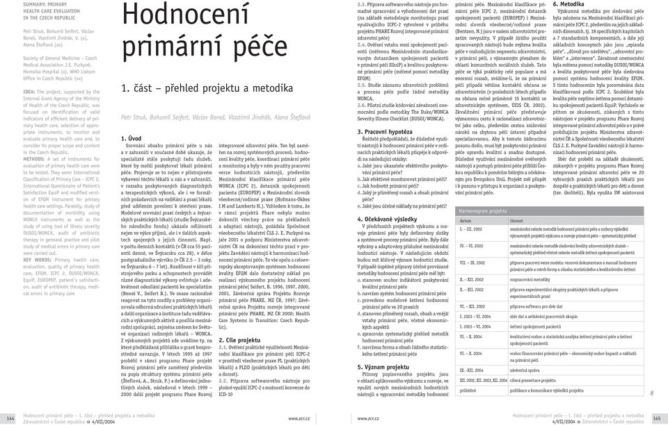 Purkyně, Homolka Hospital (x), WHO Liaison Office in Czech Republic (xx) IDEA: The project, supported by the Internal Grant Agency of the Ministry of Health of the Czech Republic, was focused on