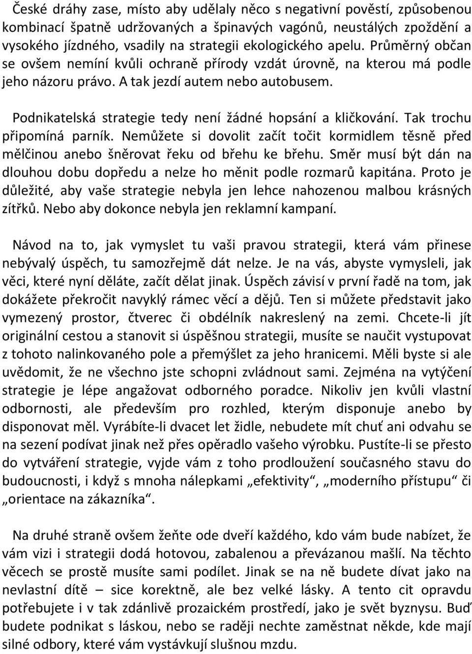 Podnikatelská strategie tedy není žádné hopsání a kličkování. Tak trochu připomíná parník. Nemůžete si dovolit začít točit kormidlem těsně před mělčinou anebo šněrovat řeku od břehu ke břehu.