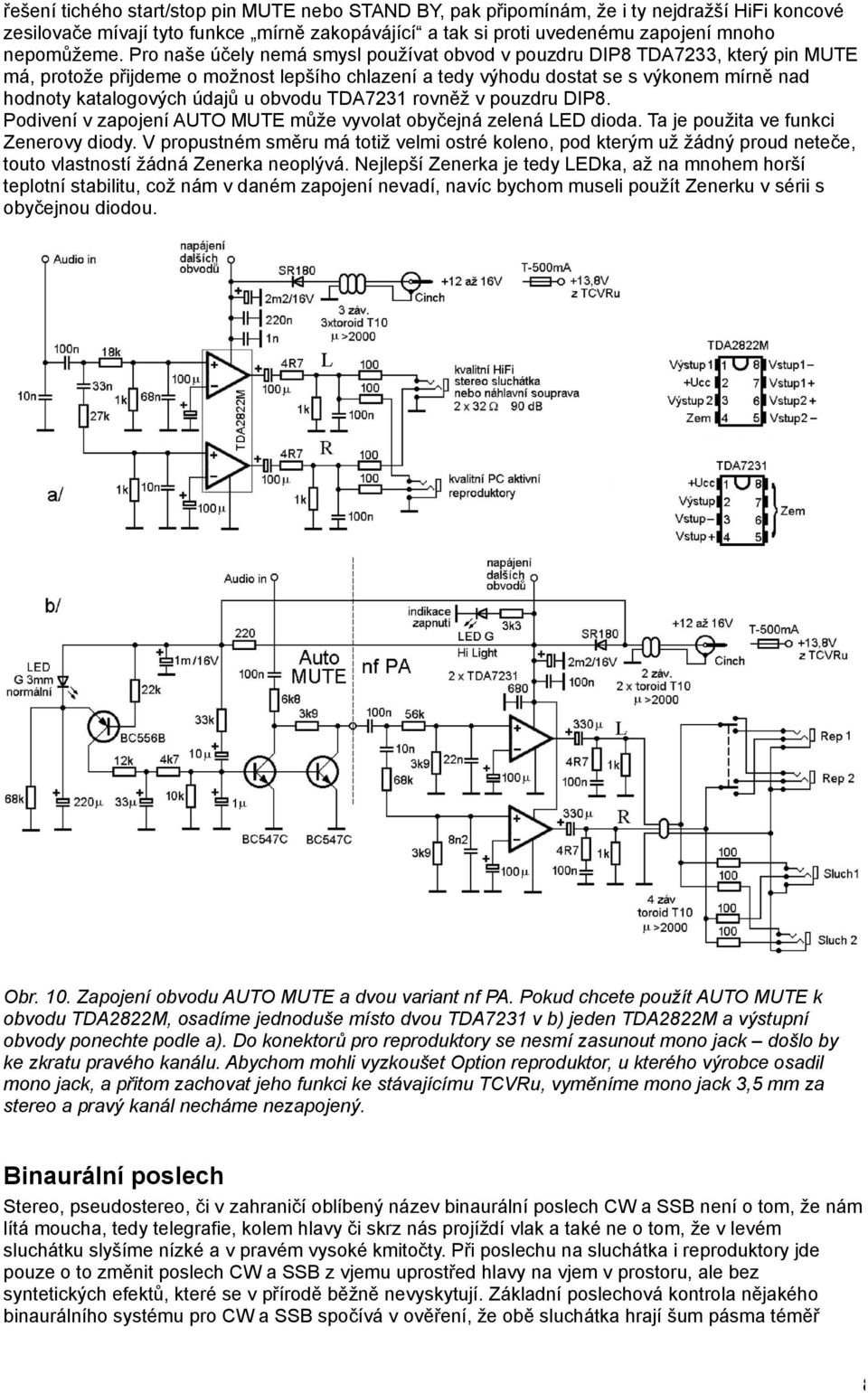 u obvodu TDA7231 rovněž v pouzdru DIP8. Podivení v zapojení AUTO MUTE může vyvolat obyčejná zelená LED dioda. Ta je použita ve funkci Zenerovy diody.