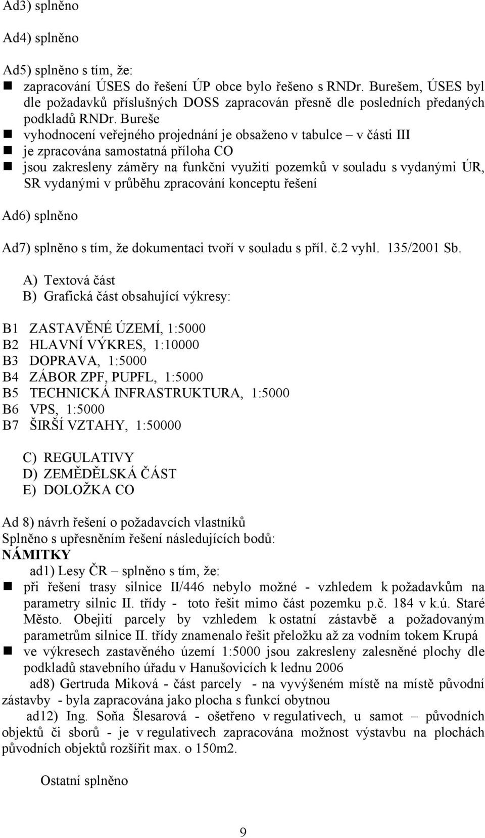 Bureše vyhodnocení veřejného projednání je obsaženo v tabulce v části III je zpracována samostatná příloha CO jsou zakresleny záměry na funkční využití pozemků v souladu s vydanými ÚR, SR vydanými v