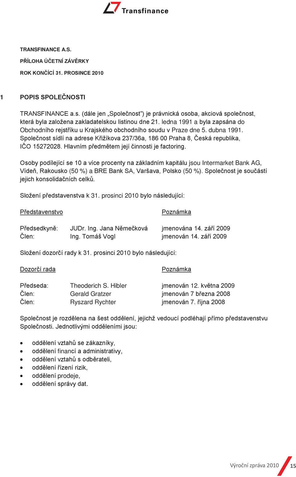 Hlavním předmětem její činnosti je factoring. Osoby podílející se 10 a více procenty na základním kapitálu jsou Intermarket Bank AG, Vídeň, Rakousko (50 %) a BRE Bank SA, Varšava, Polsko (50 %).