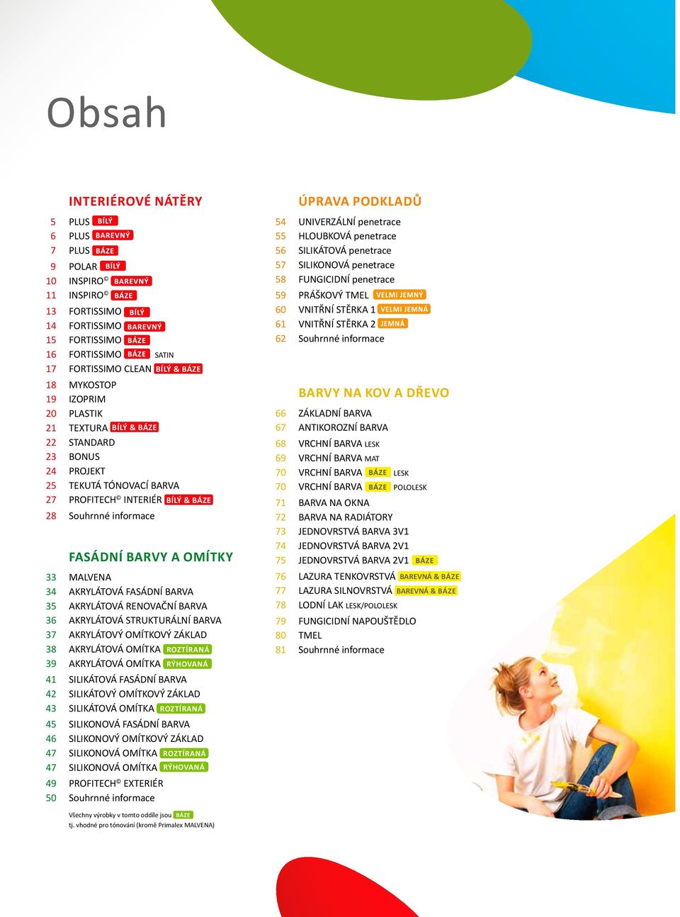 BARVA 35 AKRYLÁTOVÁ RENOVAČNÍ BARVA 36 AKRYLÁTOVÁ STRUKTURÁLNÍ BARVA 37 AKRYLÁTOVÝ OMÍTKOVÝ ZÁKLAD 38 AKRYLÁTOVÁ OMÍTKA ROZTÍRANÁ 39 AKRYLÁTOVÁ OMÍTKA RÝHOVANÁ 41 SILIKÁTOVÁ FASÁDNÍ BARVA 42