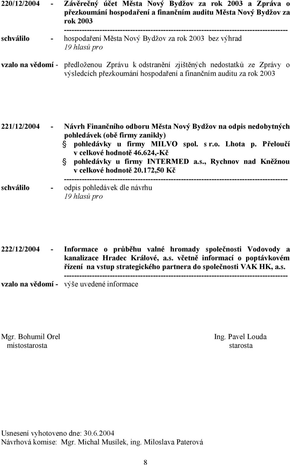 Města Nový Bydžov na odpis nedobytných pohledávek (obě firmy zanikly) pohledávky u firmy MILVO spol. s r.o. Lhota p. Přeloučí v celkové hodnotě 46.624,-Kč pohledávky u firmy INTERMED a.s., Rychnov nad Kněžnou v celkové hodnotě 20.