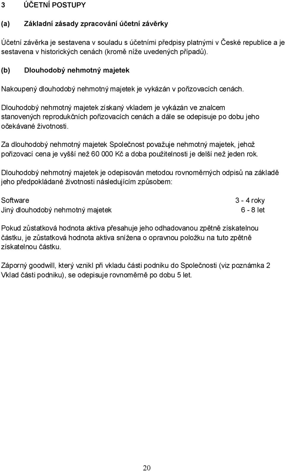 Dlouhodobý nehmotný majetek získaný vkladem je vykázán ve znalcem stanovených reprodukčních pořizovacích cenách a dále se odepisuje po dobu jeho očekávané životnosti.