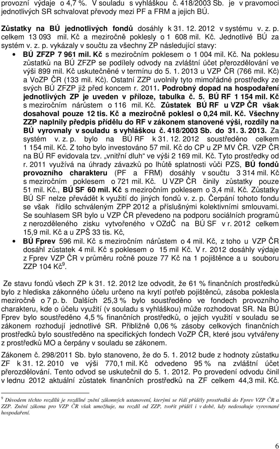 s meziročním poklesem o 1 004 mil.. Na poklesu zůstatků na BÚ ZFZP se podílely odvody na zvláštní účet přerozdělování ve výši 899 mil. uskutečněné v termínu do 5. 1. 2013 u VZP ČR (766 mil.