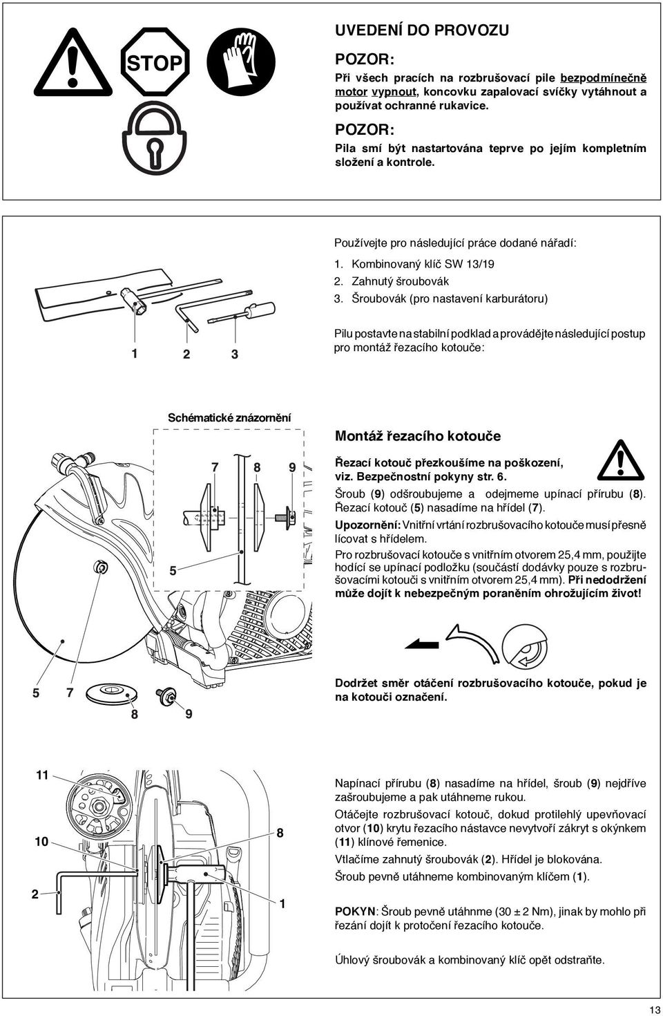 Šroubovák (pro nastavení karburátoru) Pilu postavte na stabilní podklad a provádějte následující postup pro montáž řezacího kotouče: Schématické znázornění Montáž řezacího kotouče Řezací kotouč