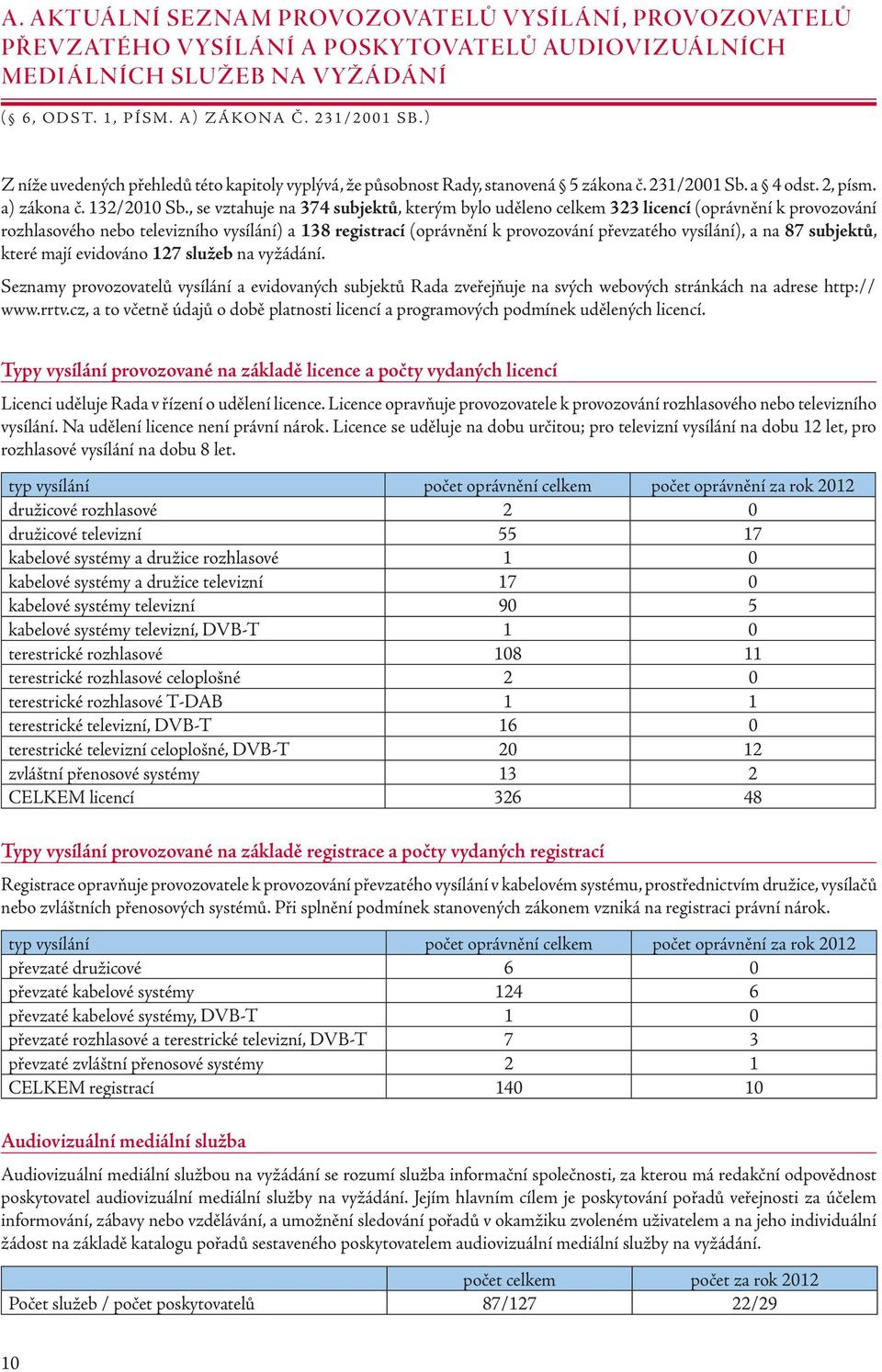 , se vztahuje na 374 subjektů, kterým bylo uděleno celkem 323 licencí (oprávnění k provozování rozhlasového nebo televizního vysílání) a 138 registrací (oprávnění k provozování převzatého vysílání),