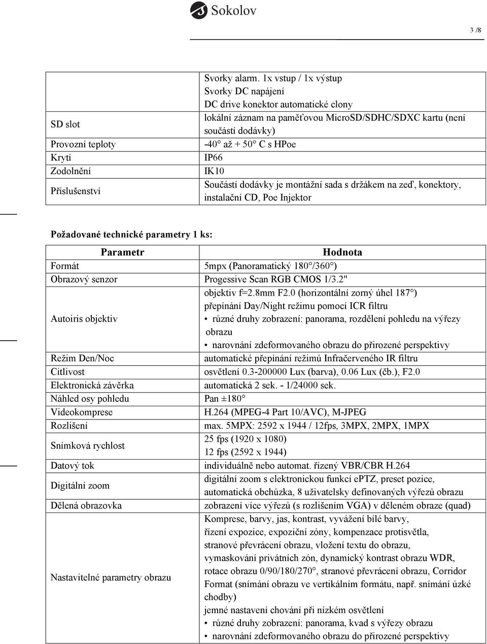 je montážní sada s držákem na zeď, konektory, instalační CD, Poe Injektor Požadované technické parametry 1 ks: Parametr Hodnota Formát 5mpx (Panoramatický 180 /360 ) Obrazový senzor Progessive Scan