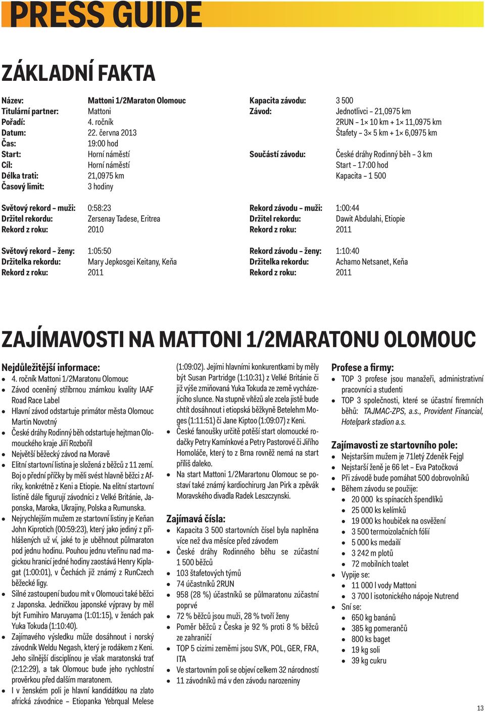 2010 Světový rekord ženy: 1:05:50 Držitelka rekordu: Mary Jepkosgei Keitany, Keňa Rekord z roku: 2011 Kapacita závodu: 3 500 Závod: Jednotlivci 21,0975 km 2RUN 1 10 km + 1 11,0975 km Štafety 3 5 km +