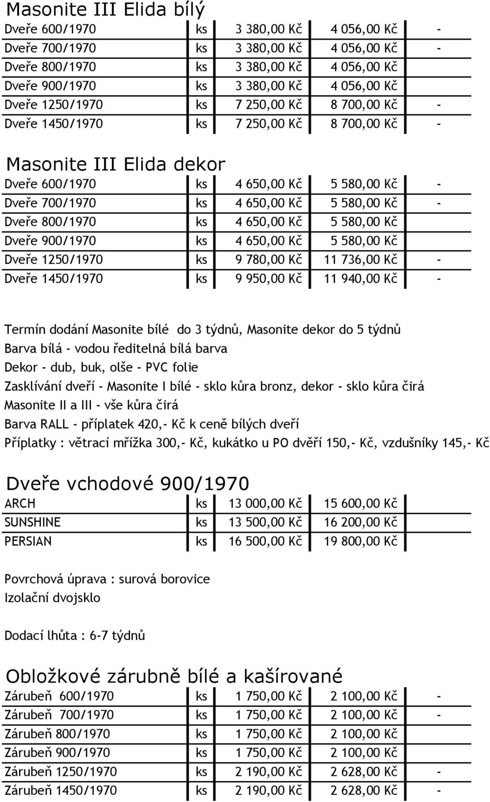 Kč - Dveře 800/1970 ks 4 650,00 Kč 5 580,00 Kč Dveře 900/1970 ks 4 650,00 Kč 5 580,00 Kč Dveře 1250/1970 ks 9 780,00 Kč 11 736,00 Kč - Dveře 1450/1970 ks 9 950,00 Kč 11 940,00 Kč - Termín dodání