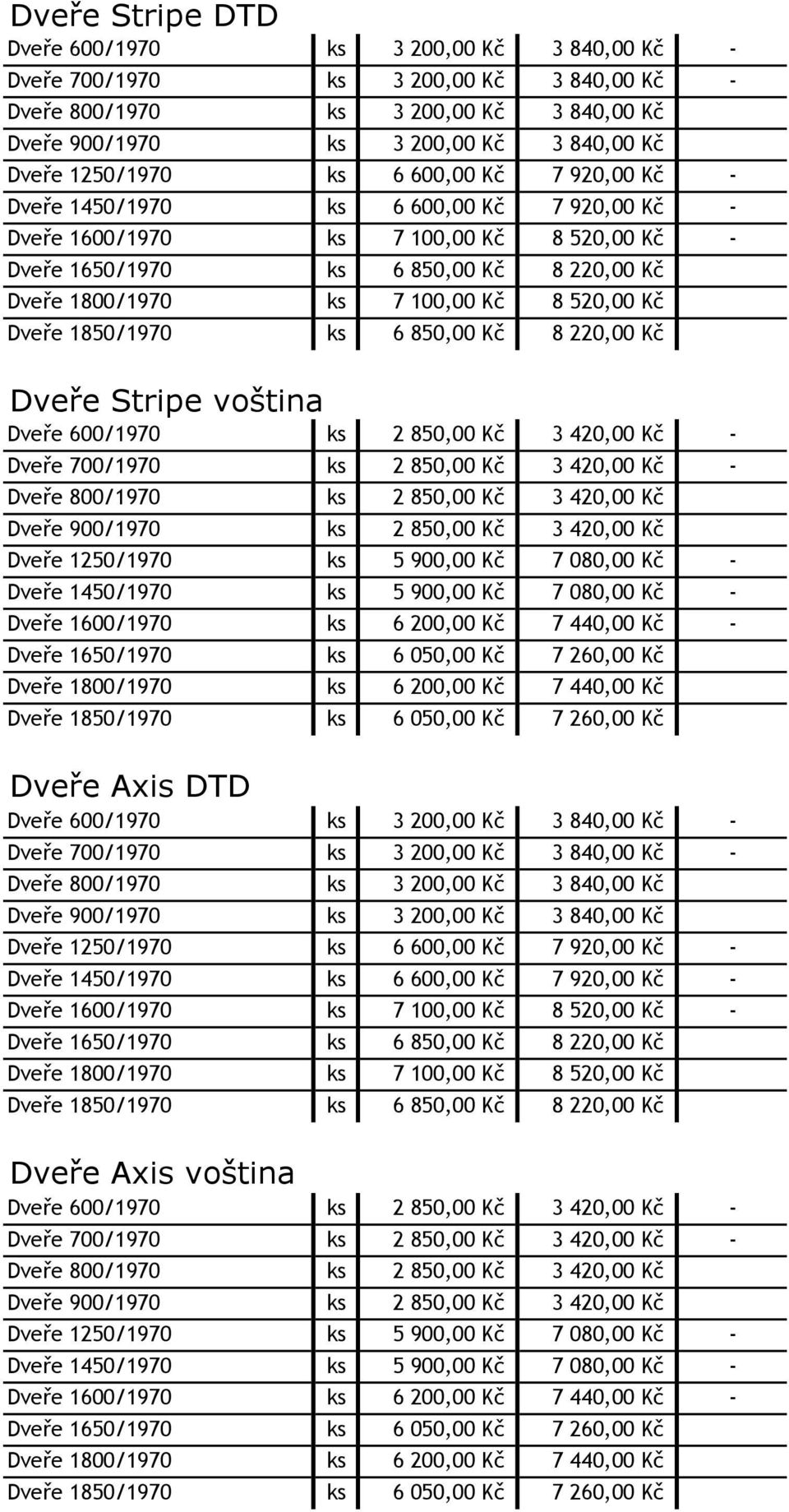 Kč 8 520,00 Kč Dveře 1850/1970 ks 6 850,00 Kč 8 220,00 Kč Dveře Stripe voština Dveře 600/1970 ks 2 850,00 Kč 3 420,00 Kč - Dveře 700/1970 ks 2 850,00 Kč 3 420,00 Kč - Dveře 800/1970 ks 2 850,00 Kč 3