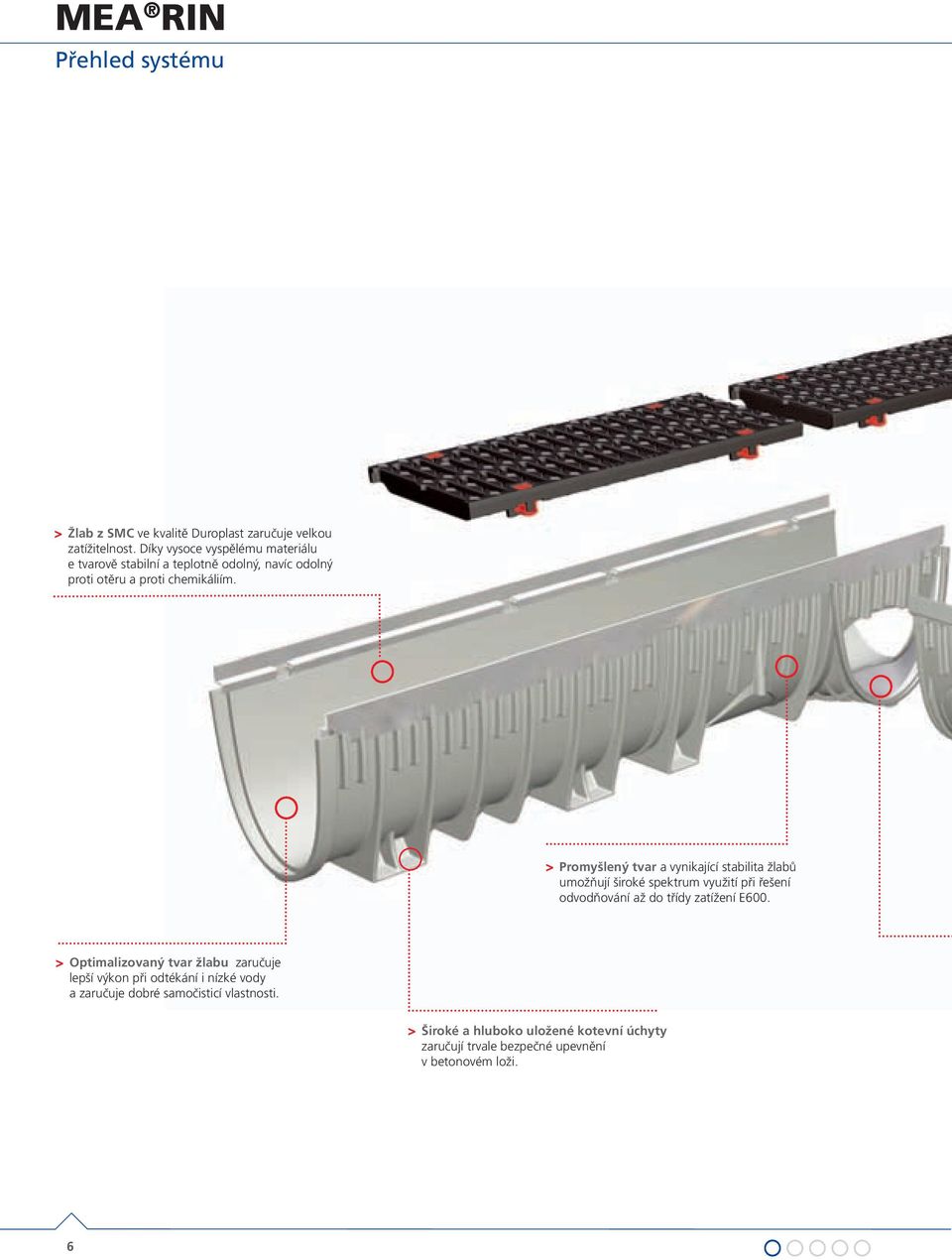 > Promyšlený tvar a vynikající stabilita žlabů umožňují široké spektrum využití při řešení odvodňování až do třídy zatížení E600.