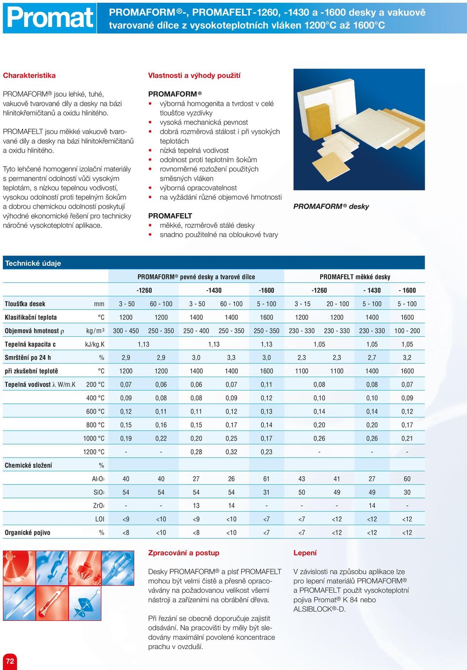 PROMAFORM výborná homogenita a tvrdost v celé tloušťce vyzdívky vysoká mechanická pevnost dobrá rozměrová stálost i při vysokých teplotách nízká tepelná vodivost odolnost proti teplotním šokům