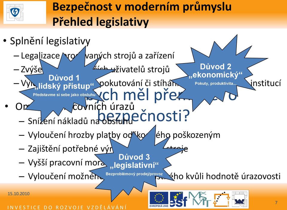 .. státních institucí Proč bych měl přemýšlet o Představme si sebe jako obsluhu Omezení pracovních úrazů Snížení nákladů na obsluhu bezpečnosti?