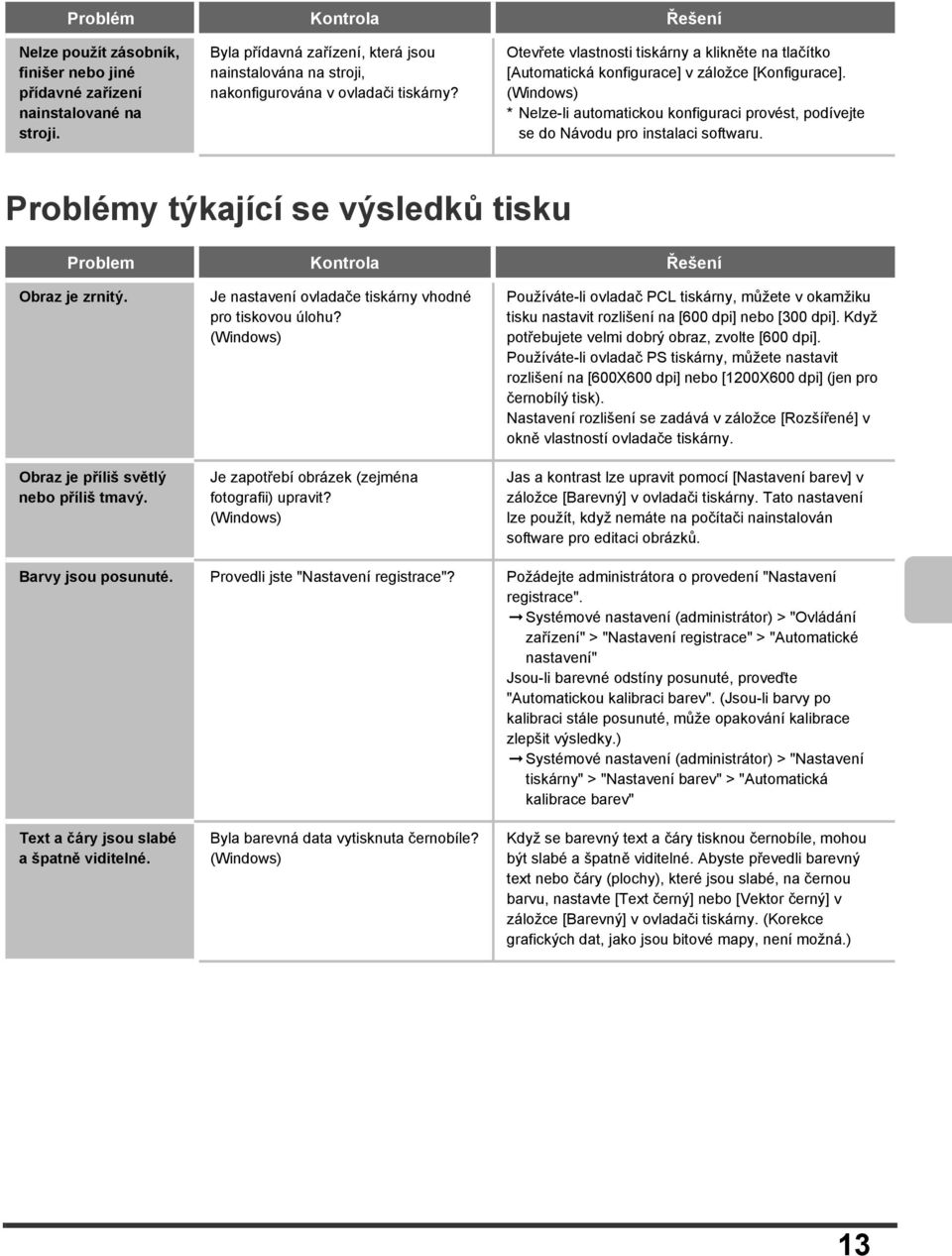 (Windows) * Nelze-li automatickou konfiguraci provést, podívejte se do Návodu pro instalaci softwaru. Problémy týkající se výsledků tisku Problem Kontrola Řešení Obraz je zrnitý.