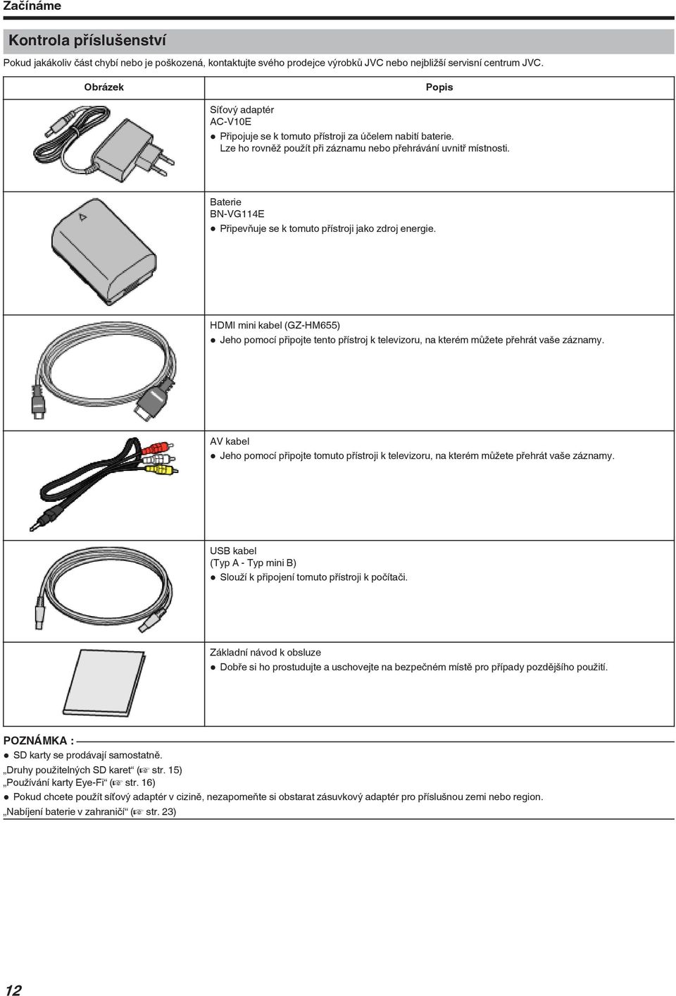 mini kabel (GZ-HM655) 0 Jeho pomocí připojte tento přístroj k televizoru, na kterém můžete přehrát vaše záznamy AV kabel 0 Jeho pomocí připojte tomuto přístroji k televizoru, na kterém můžete přehrát