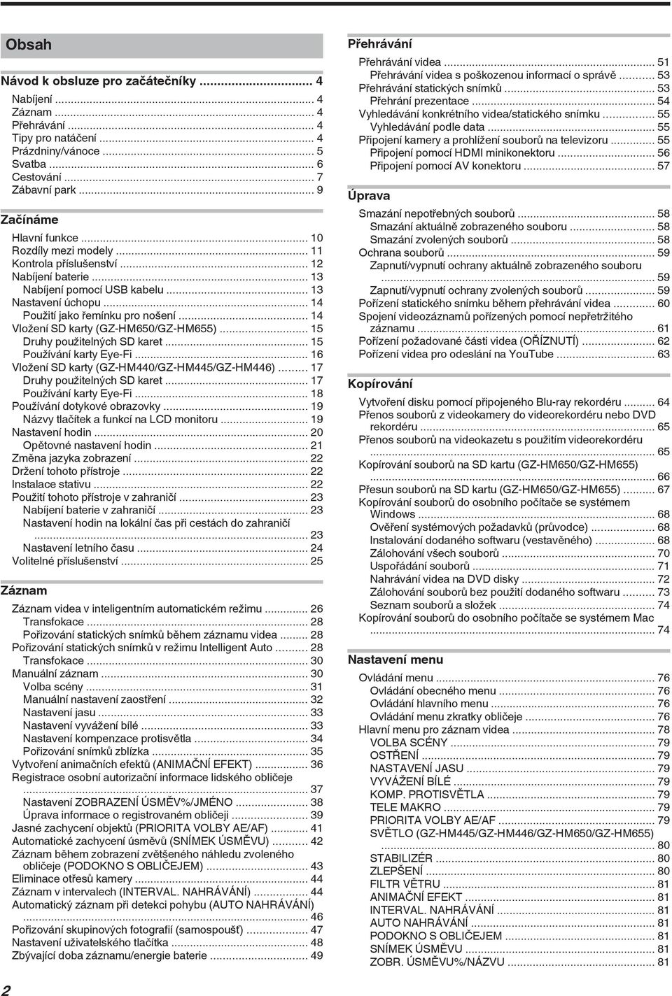 15 Používání karty Eye-Fi 16 Vložení SD karty (GZ-HM440/GZ-HM445/GZ-HM446) 17 Druhy použitelných SD karet 17 Používání karty Eye-Fi 18 Používání dotykové obrazovky 19 Názvy tlačítek a funkcí na LCD