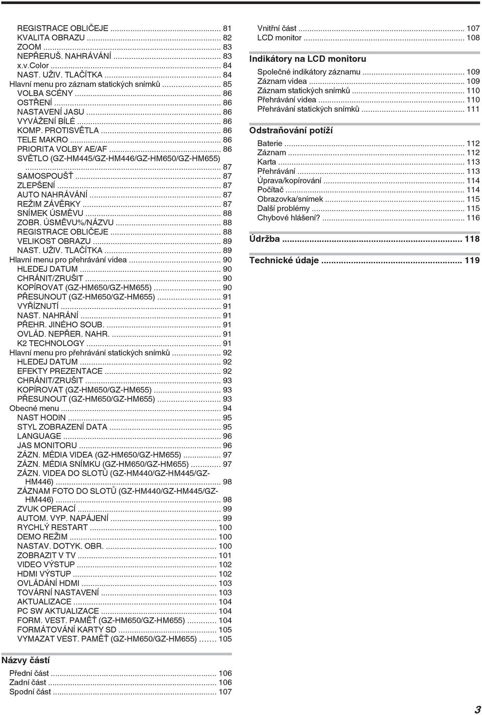 88 ZOBR ÚSMĚVU%/NÁZVU 88 REGISTRACE OBLIČEJE 88 VELIKOST OBRAZU 89 NAST UŽIV TLAČÍTKA 89 Hlavní menu pro přehrávání videa 90 HLEDEJ DATUM 90 CHRÁNIT/ZRUŠIT 90 KOPÍROVAT (GZ-HM650/GZ-HM655) 90