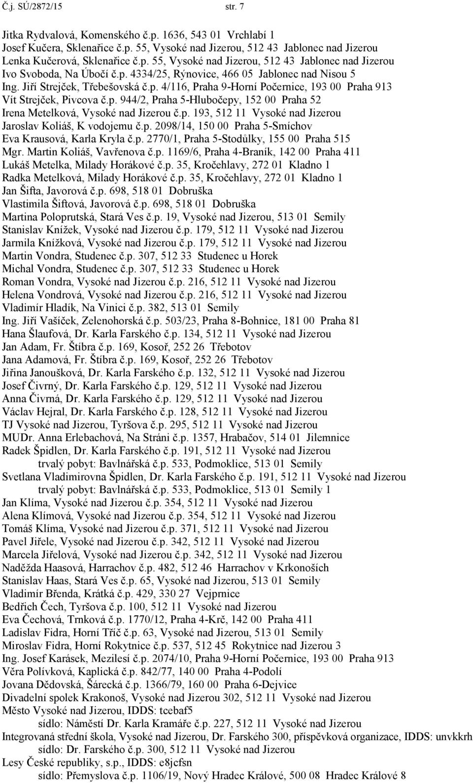 p. 193, 512 11 Vysoké nad Jizerou Jaroslav Koliáš, K vodojemu č.p. 2098/14, 150 00 Praha 5-Smíchov Eva Krausová, Karla Kryla č.p. 2770/1, Praha 5-Stodůlky, 155 00 Praha 515 Mgr.