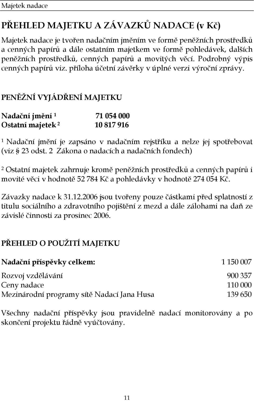 PENĚŽNÍ VYJÁDŘENÍ MAJETKU Nadační jmění 1 71 054 000 Ostatní majetek 2 10 817 916 1 Nadační jmění je zapsáno v nadačním rejstříku a nelze jej spotřebovat (viz 23 odst.