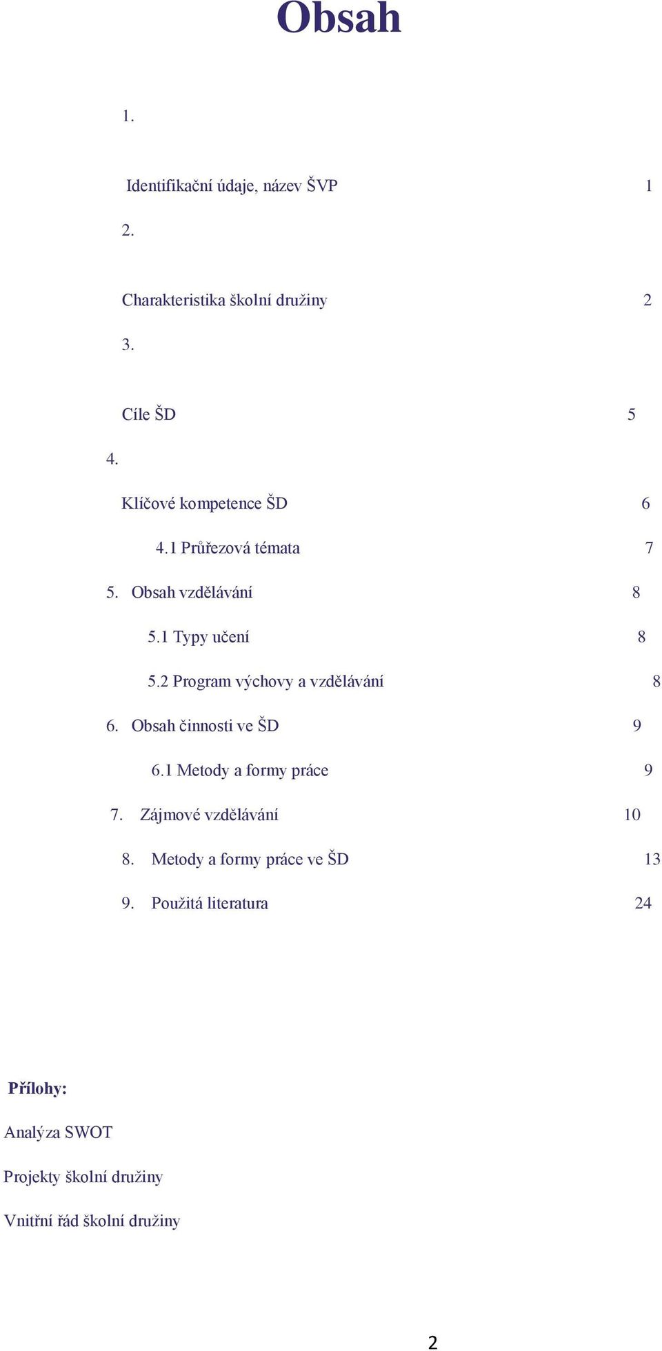 2 Prgram výchvy a vzdělávání 8 6. Obsah činnsti ve ŠD 9 6.1 Metdy a frmy práce 9 7.
