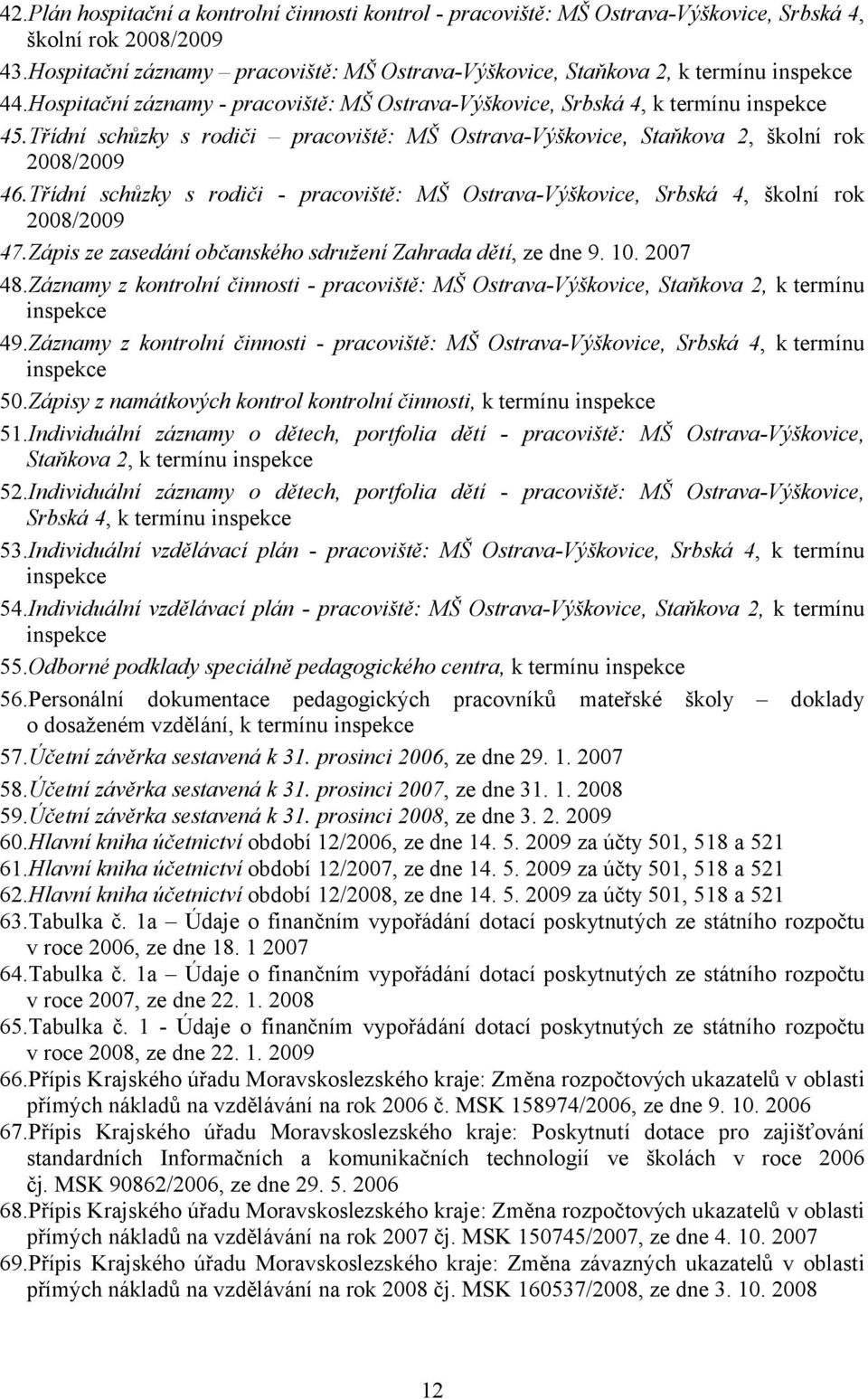 Třídní schůzky s rodiči pracoviště: MŠ Ostrava-Výškovice, Staňkova 2, školní rok 2008/2009 46.Třídní schůzky s rodiči - pracoviště: MŠ Ostrava-Výškovice, Srbská 4, školní rok 2008/2009 47.