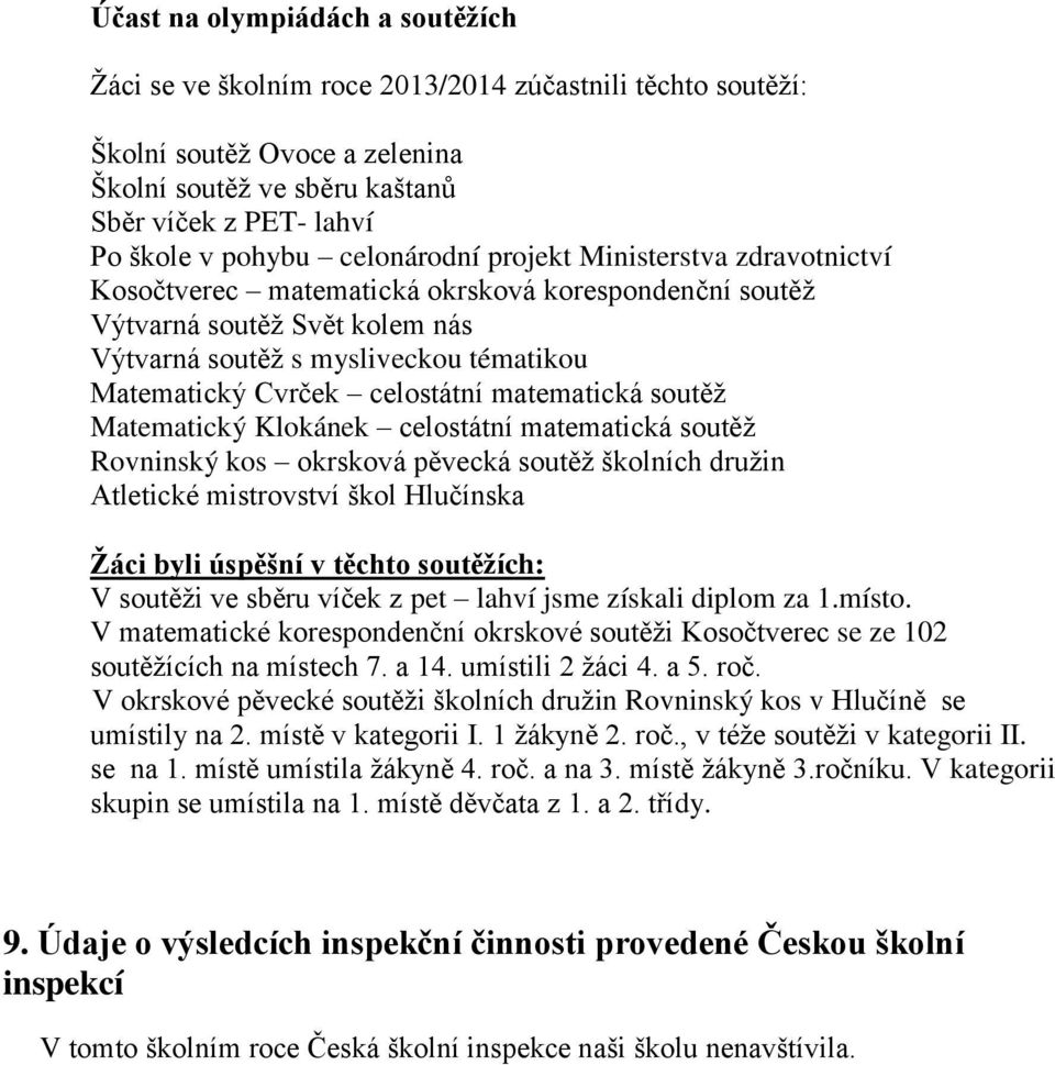 celostátní matematická soutěţ Matematický Klokánek celostátní matematická soutěţ Rovninský kos okrsková pěvecká soutěţ školních druţin Atletické mistrovství škol Hlučínska Ţáci byli úspěšní v těchto