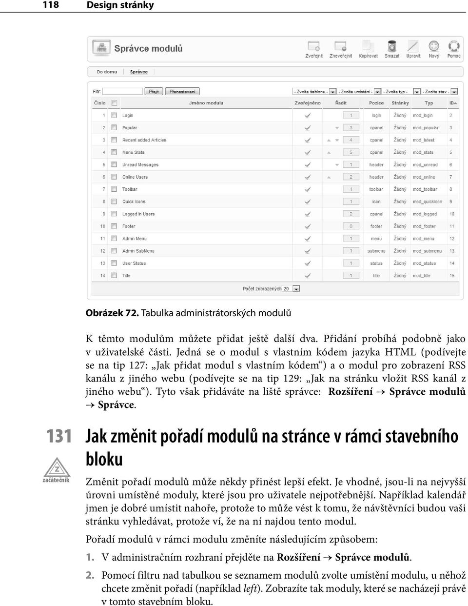 vložit RSS kanál z jiného webu ). Tyto však přidáváte na liště správce: Rozšíření Správce modulů Správce.