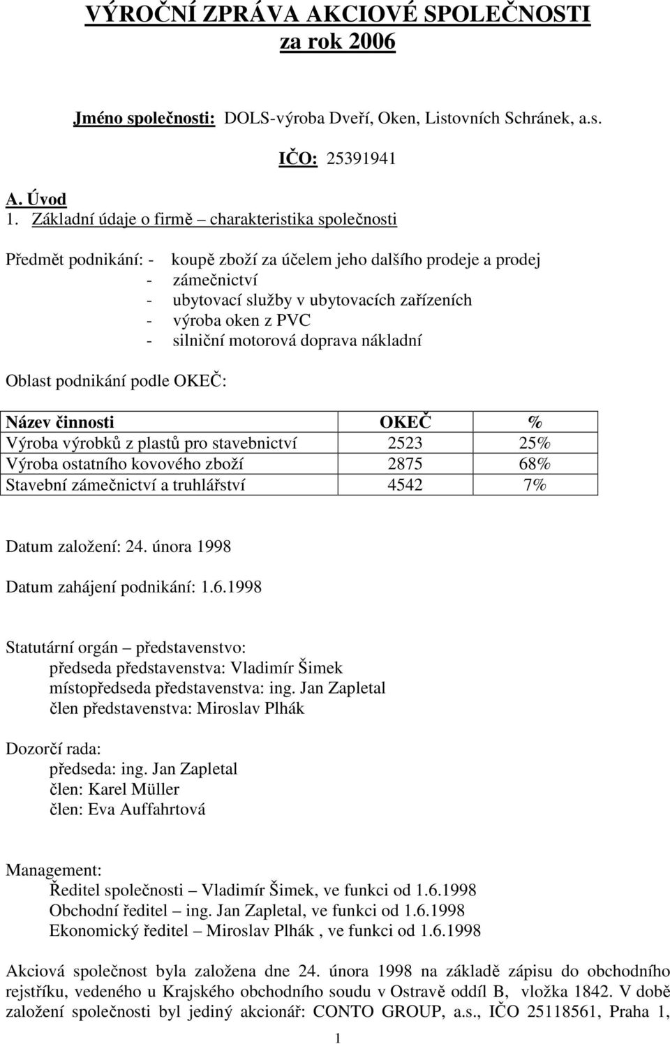 PVC - silniční motorová doprava nákladní Oblast podnikání podle OKEČ: Název činnosti OKEČ % Výroba výrobků z plastů pro stavebnictví 2523 25% Výroba ostatního kovového zboží 2875 68% Stavební