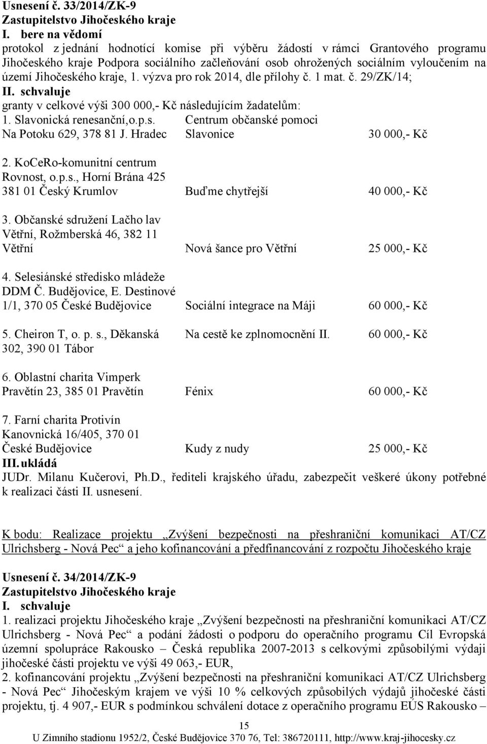 Jihočeského kraje, 1. výzva pro rok 2014, dle přílohy č. 1 mat. č. 29/ZK/14; I granty v celkové výši 300 000,- Kč následujícím ţadatelům: 1. Slavonická renesanční,o.p.s. Centrum občanské pomoci Na Potoku 629, 378 81 J.