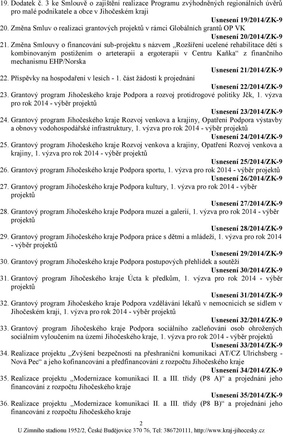 Změna Smlouvy o financování sub-projektu s názvem Rozšíření ucelené rehabilitace dětí s kombinovaným postiţením o arteterapii a ergoterapii v Centru Kaňka z finančního mechanismu EHP/Norska Usnesení