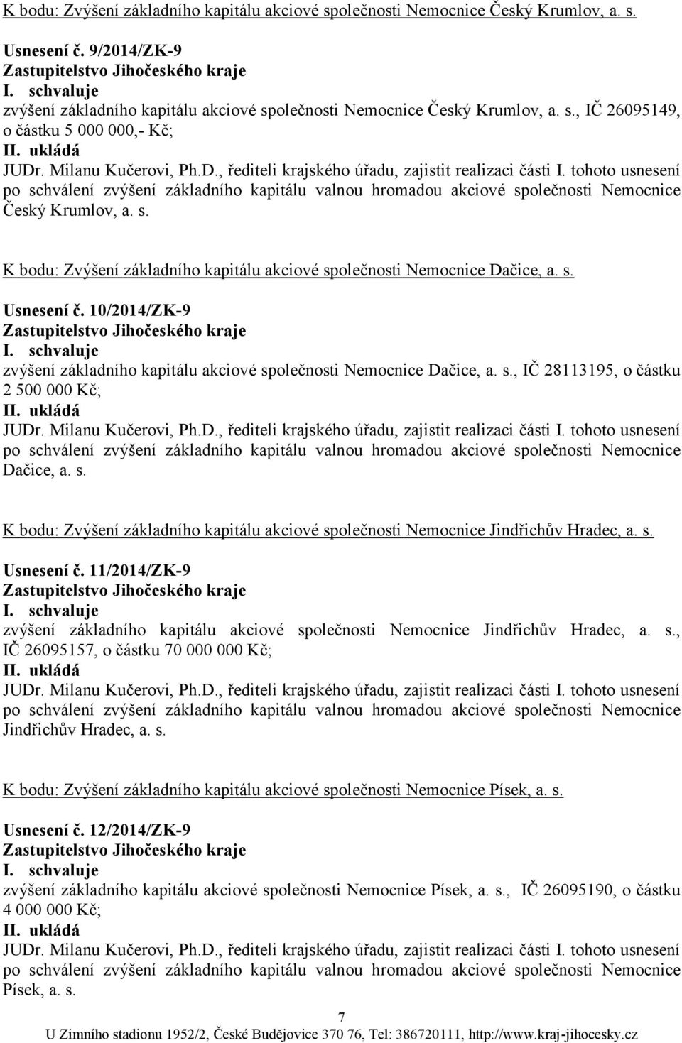 s. K bodu: Zvýšení základního kapitálu akciové společnosti Nemocnice Dačice, a. s. Usnesení č. 10/2014/ZK-9 zvýšení základního kapitálu akciové společnosti Nemocnice Dačice, a. s., IČ 28113195, o částku 2 500 000 Kč; JUDr.