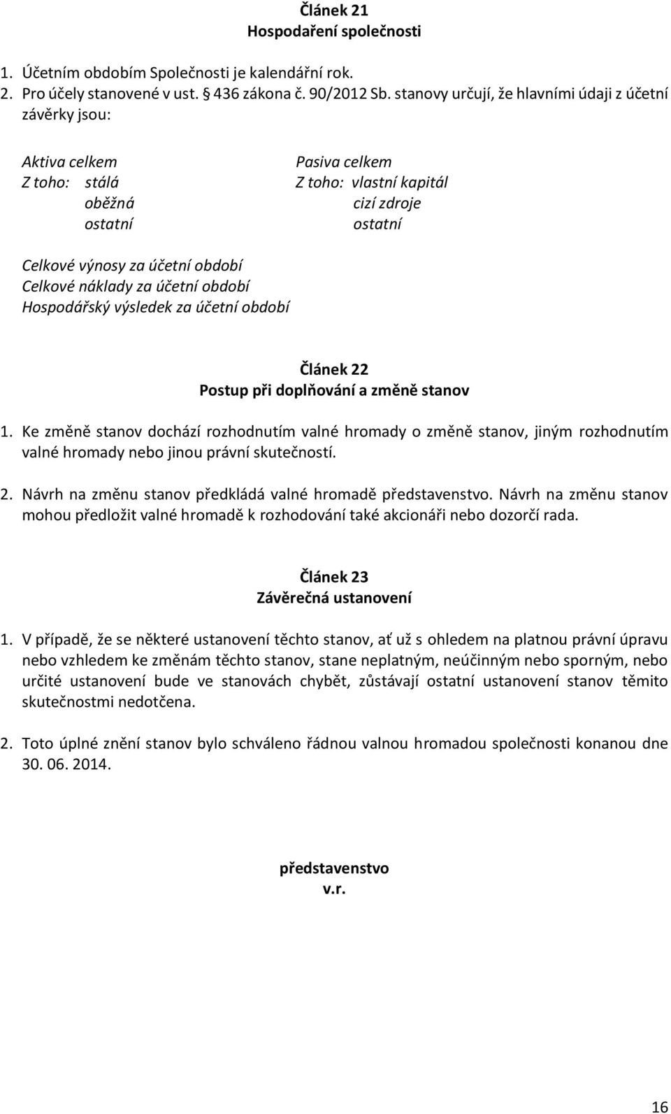 náklady za účetní období Hospodářský výsledek za účetní období Článek 22 Postup při doplňování a změně stanov 1.